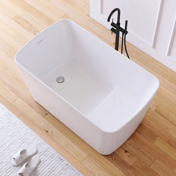 Bina 49 in. x 28 in. Small Acrylic Flatbottom Freestanding Japanese Soaking Bathtub in White with Seat
