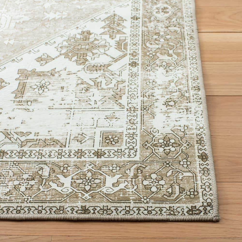 Ivory and Sage Square Washable Synthetic Area Rug