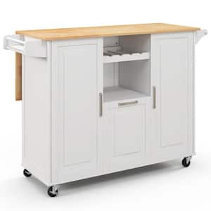 White Wood Heavy Duty 51 in.. Kitchen Island Cart with Drop-Leaf Countertop ad Towel Bar