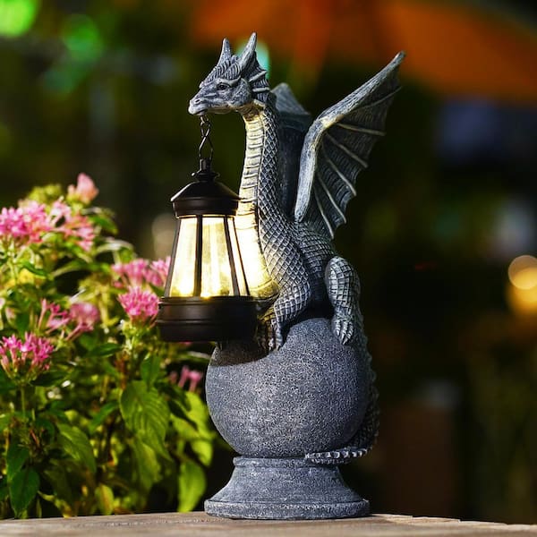 12 in. Grey Resin Solar Dragon Garden Statue for Outdoor Decor-Outdoor Decor for Yard Lawn