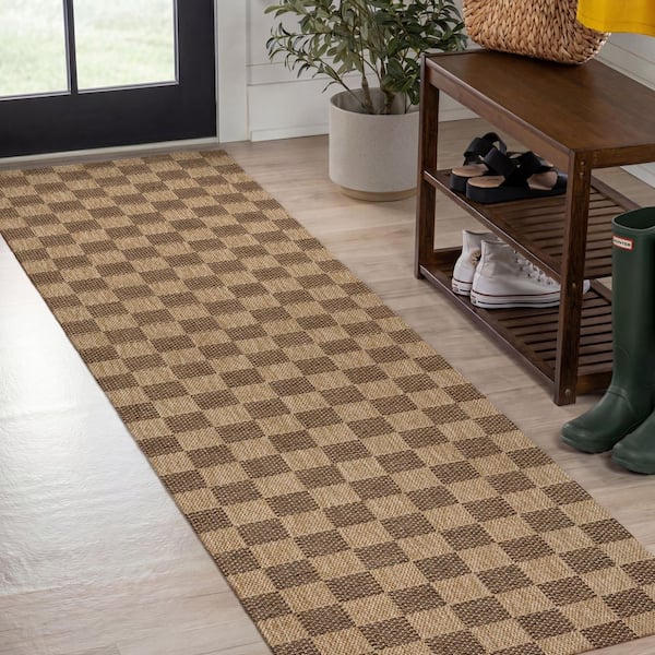 Mason Easy Jute Geometric Boho Checker Weave Natural/Brown 2 ft. x 8 ft. Indoor/Outdoor Runner Rug