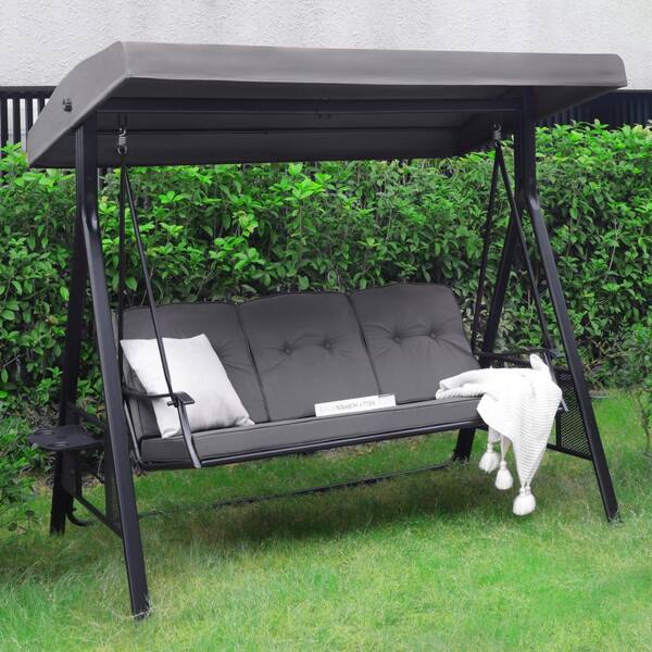 VEIKOUS 3-Person Metal Patio Swing Chair With Converting Canopy Porch ...