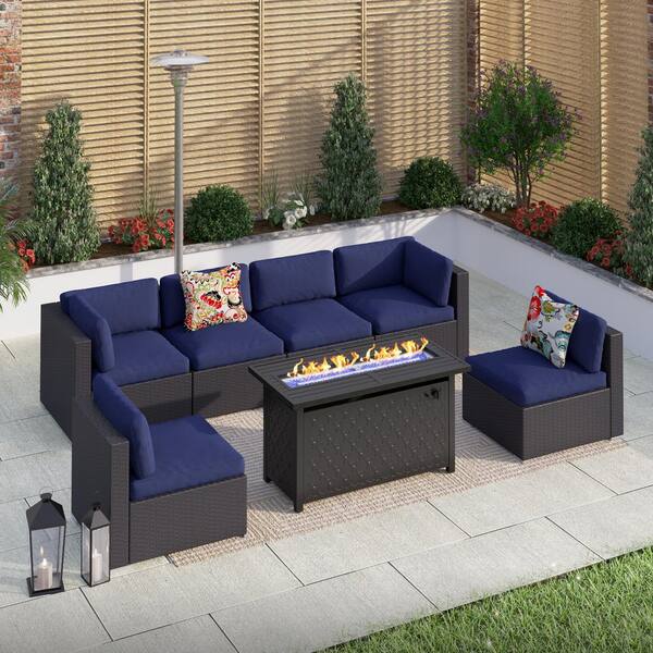 PHI VILLA Dark Brown Rattan Wicker 6 Seat 7-Piece Steel Outdoor Fire ...