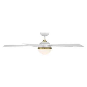 54 in. Satin LED Brass Matte White Eclipse Indoor and Outdoor 5-Blade Smart Ceiling Fan with 3000K Light Kit and Remote