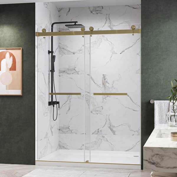 Catalyst 46 to 48 in. W x 79 in. H Double Sliding Frameless Shower Door in Brushed Bronze, 3/8 in. Clear Tempered Glass