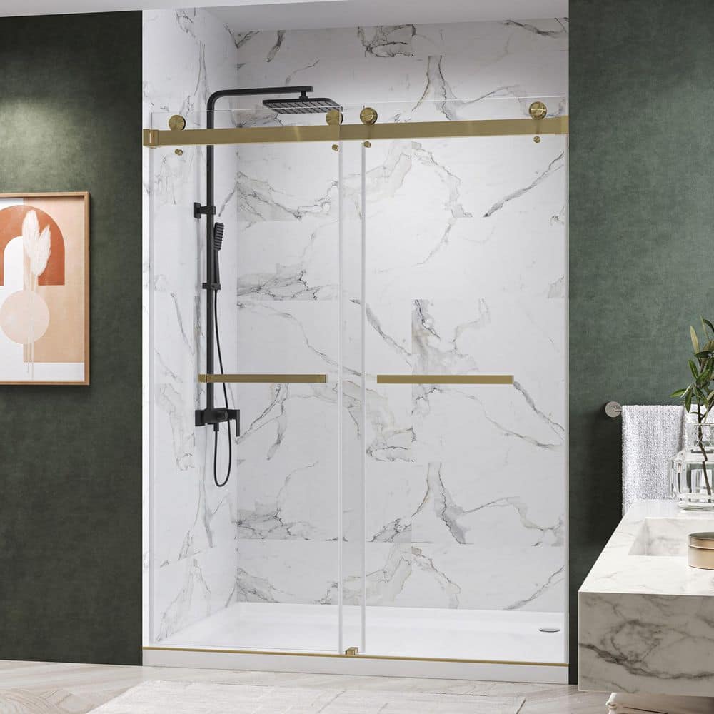 Catalyst 66 in. W x 76 in. H Double Sliding Frameless Shower Door in Brushed Bronze with 3/8 in. Clear Glass price history on PriceWatchPro