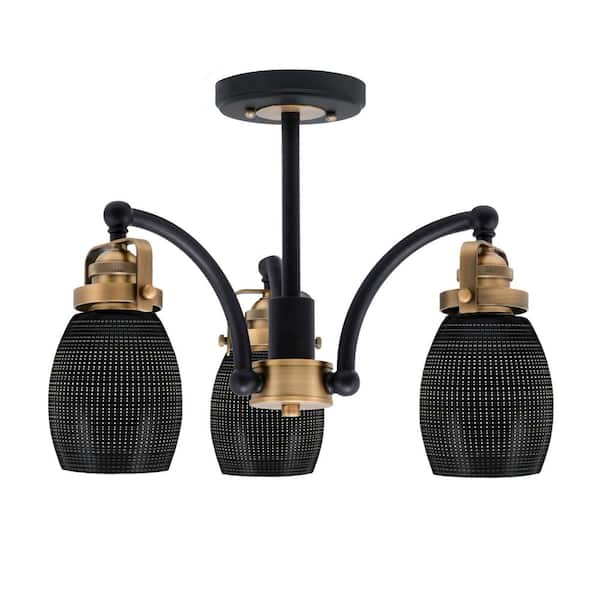 Unbranded Decatur 15.25 in. 3-Light Black and Brass Semi-Flush with 5 in. Black Matrix Glass Shade No Bulbs Included