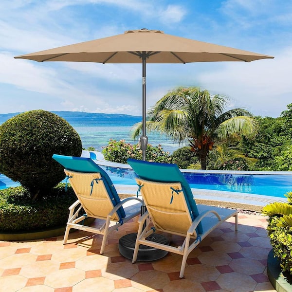 Patio Umbrellas Market Umbrella with Push Button Tilt Crank, Fade Resistant 9 ft. with Base in Tan