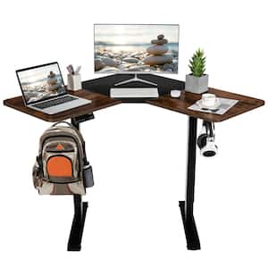 59.5 in. L Shaped Brown Wood Electric Adjustable Standing Desk with Controller 2-Hooks