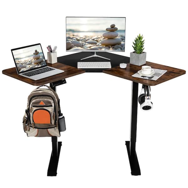 Costway 59.5 in. L Shaped Brown Wood Electric Adjustable Standing Desk with Controller 2-Hooks