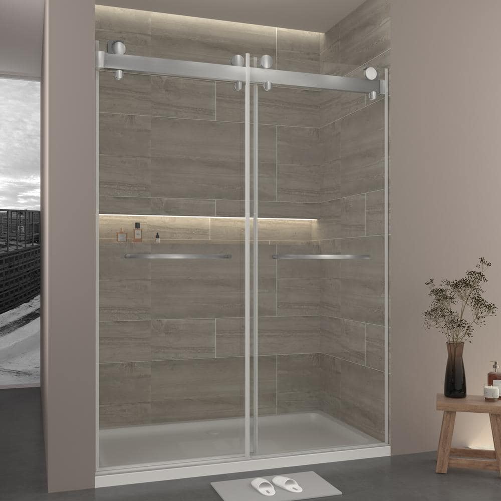 73 in Brushed Silver Frameless Double Sliding Shower Door