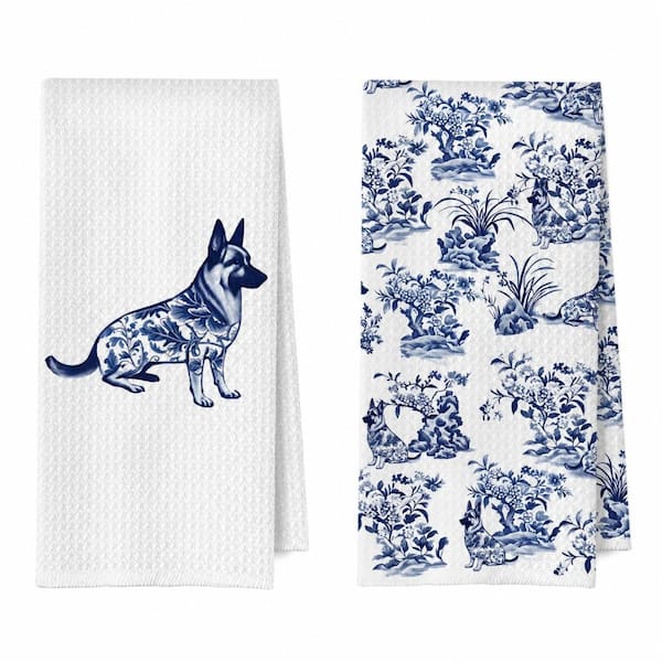 Blue and White Floral German Shepherd Cotton Waffle Weave Kitchen Towels, Decorative Dish Towels, Set of 2