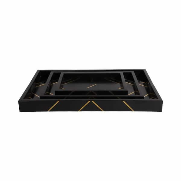 Black 13/18/24 in. Resin Wood Modern Brass Inlay Rectangle Trays