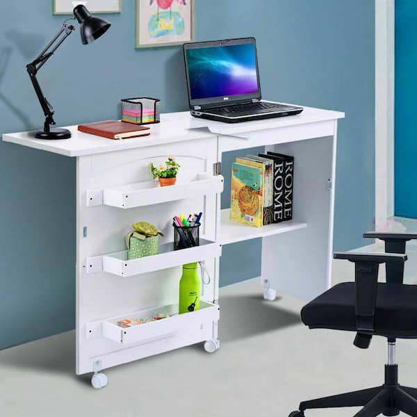 Costway Folding Sewing Table Shelves Storage Cabinet Craft Cart W/Wheels  Large White