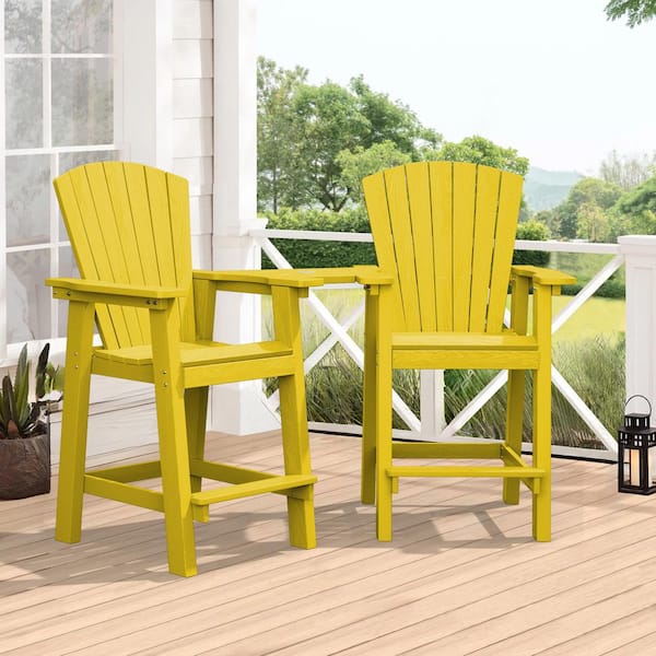 JEAREY Balcony Chair Plastic Tall Adirondack Chair (Set of 2) Outdoor Adirondack Barstools with Connecting Tray in Yellow