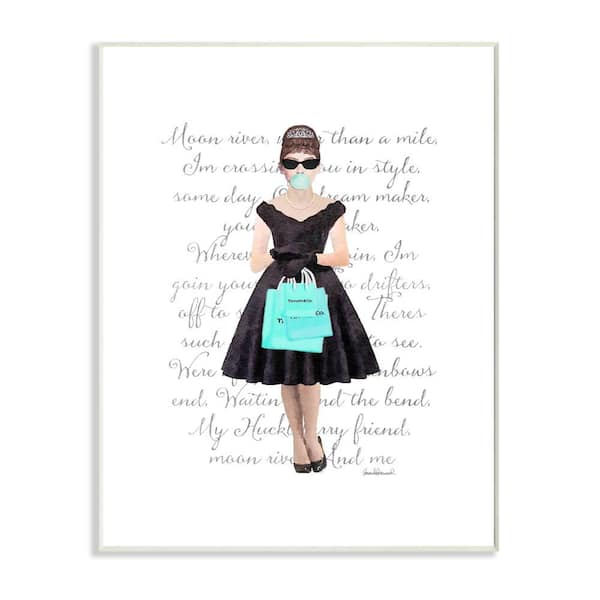 Stupell Industries 12.5 in. x 18.5 in. "Glam Shopping Hepburn Woman Blue Bubble Gum Fashion" by Artist Amanda Greenwood Wood Wall Art