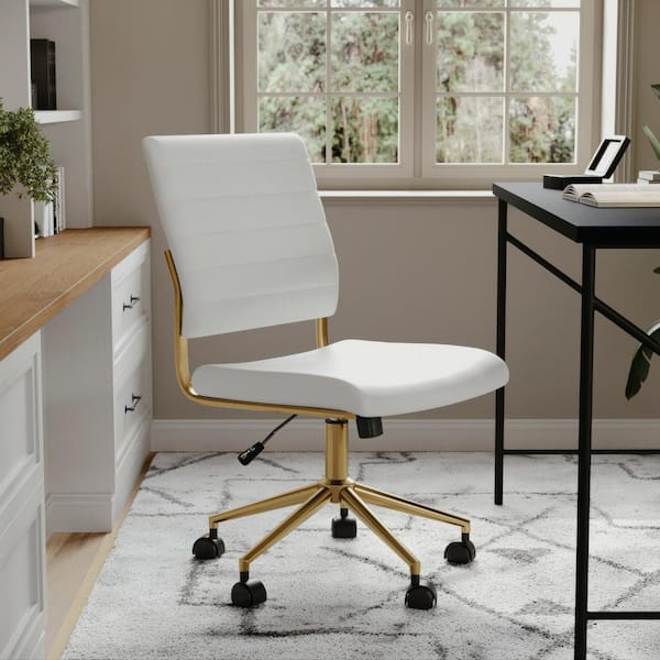 Ivy Faux Leather Adjustable Height with Wheels Office Chair in White Faux Leather/Polished Brass