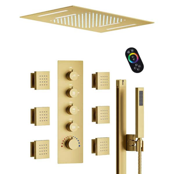 Thermostatic 15-Spray Ceiling Mount 23 x 15 in. Rectangle LED Mood Lighting Shower System with Valve in Brushed Gold