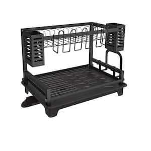 2-Tier Stainless Steel Dish Racks with Drainboard and Utensil Holders for Kitchen Counter and Sink, Black
