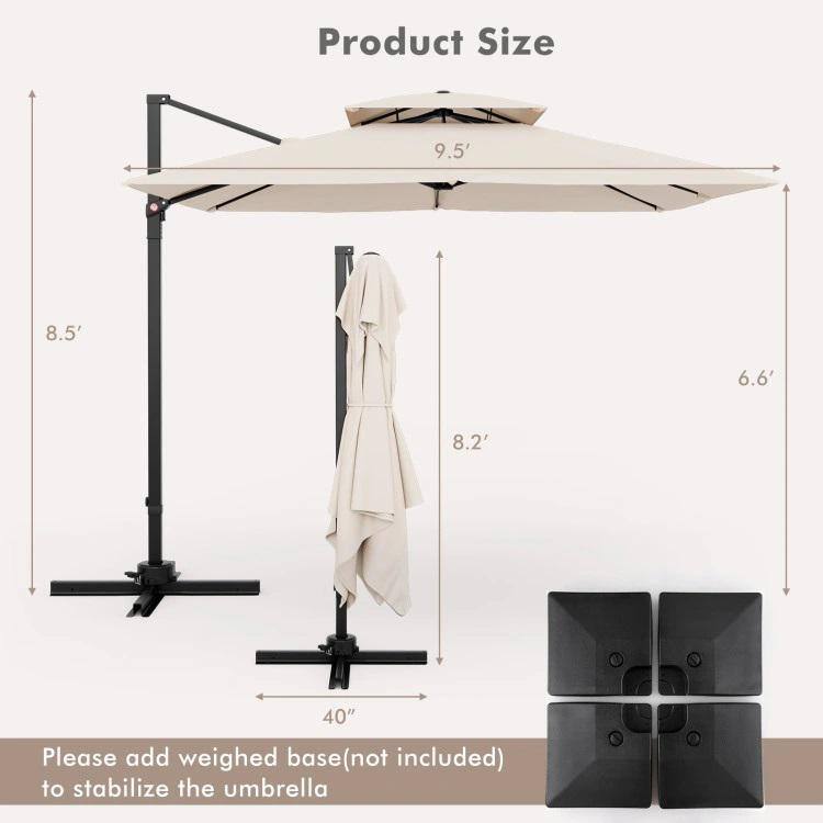 Beige 9.5FT Cantilever Patio Umbrella with 360° Rotation and Double Vented Top