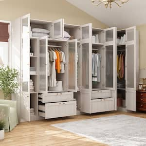 Beige Wood 129.9 in. W Tempered Glass Doors Big Armoires Wardrobe with Hanging Rods, Drawers 86.6 in. H x 35.4 in. D