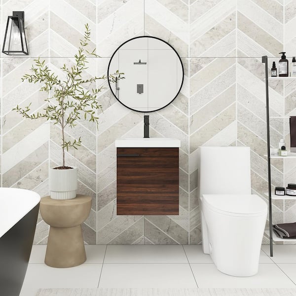 Unbranded 18 in. W x 15 in. D x 21 in. H Wall Mounted Single Sink Bath Vanity in California Walnut with White Ceramic Top