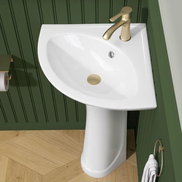 23 in. W x 30.5 in. H Vitreous China Corner Pedestal Sink Base Small Bathroom Vessel Sink with 1-Faucet Hole in White