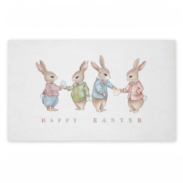 Minimal Happy Easter Bunnies Multi-Colored 18 in. x 30 in. Polyester Non-Slip Outdoor Door Mat