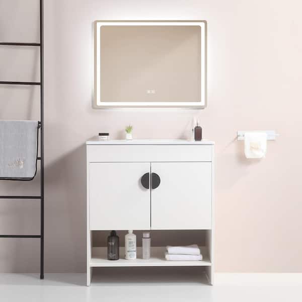 Unbranded 30 in. W x 18 in. D x 32 in. H Freestanding Bathroom Vanity in White with 2-Cabinet Doors with White Ceramic Basin Top