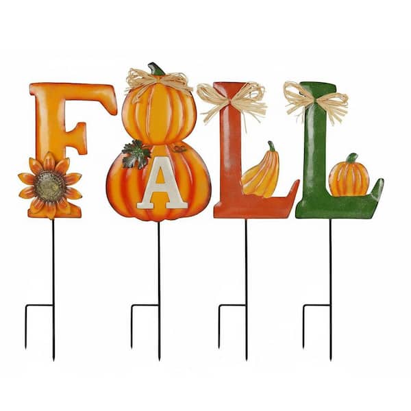 4-Piece Autumn "FALL" Metal Yard Sign and Pumpkin Stakes Outdoor Garden Thanksgiving Decor