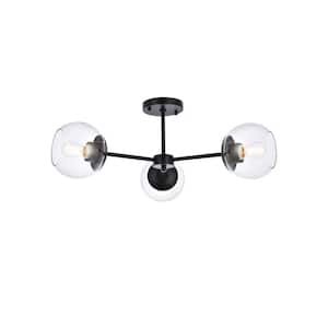 Timless Home 26 in. 3-Light Midcentury Modern Black and Clear Flush Mount with No Bulbs Included