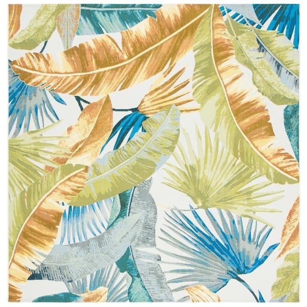 SAFAVIEH Barbados Gold/Green 5 ft. x 5 ft. Square Tropical Leaf Indoor/Outdoor Area Rug