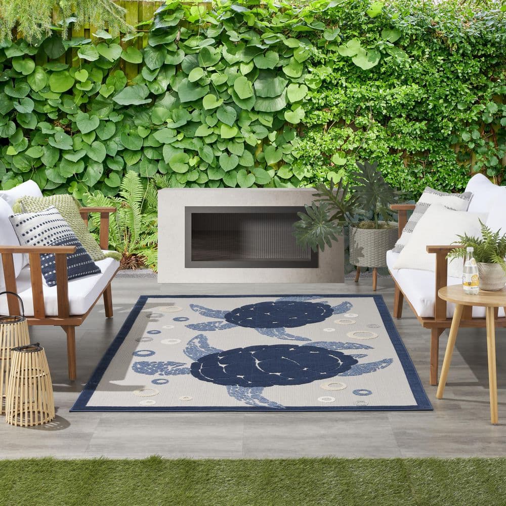 Navy Blue Coastal Turtle Outdoor Area Rug 5'3" x 7'5"
