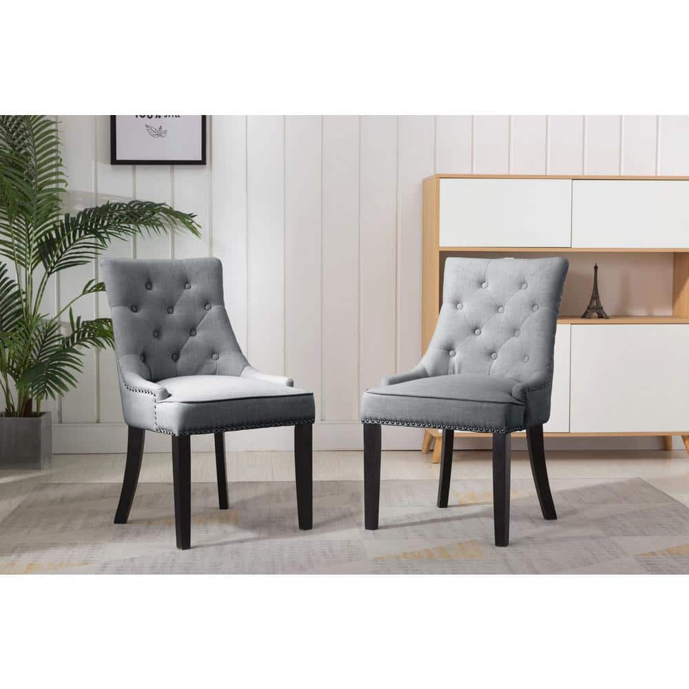 Elegant Sloped Armrest Tufted Light Gray Upholstered Dining Chair Set