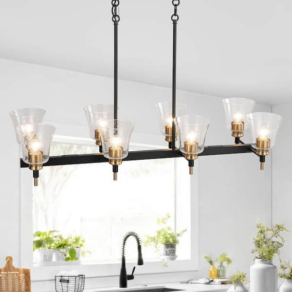 HUOKU May 8-Light 37.4 in.W Black and Brass Chandelier Vintage Rectangular Kitchen Island Light with Trumpet Seed Glass