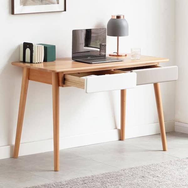 Solid Oak Desk/writing Table Bureau With Two Drawers & Open Storage. Oak  Tapered Legs. Curved Edges. Mid-century Modern/retro. Natural Oak 