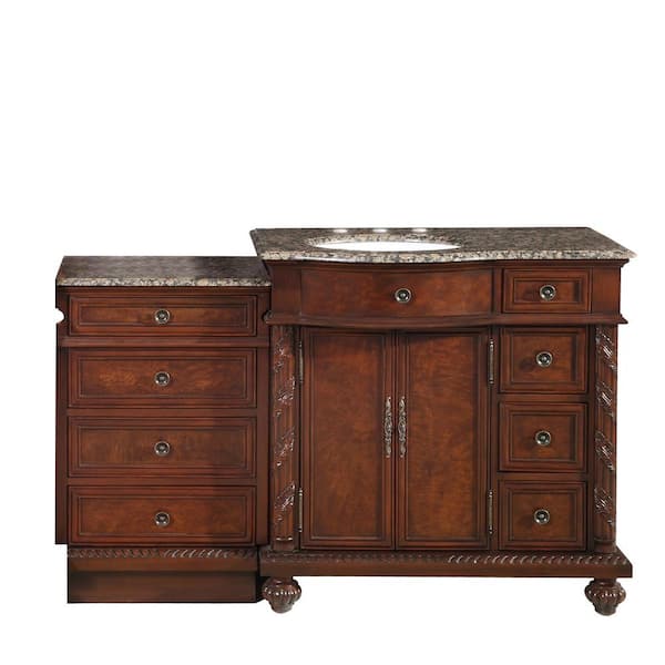 Silkroad Exclusive 55.5 in. W x 22 in. D Vanity in English Chestnut with Granite Vanity Top in Baltic Brown with White Basin