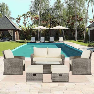 6 -Piece Gray Wicker Rattan Patio Outdoor Sectional Set with Coffee Table, Wicker Sofas, Ottomans, Beige Cushions