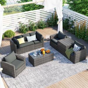 7-Piece Wicker Patio Conversation Set with Gray Cushions