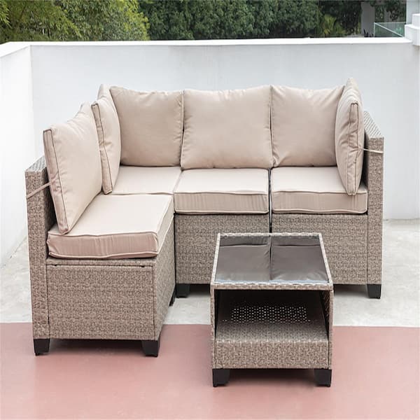 Outdoor Patio All Weather Living Room Sofa Set 5 Piece with Beige Cushions and Cushions