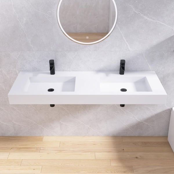 59 in. x 19 in. Solid Surface Wall-Mounted Bathroom Double Vessel Sinks in White with Faucet Holes
