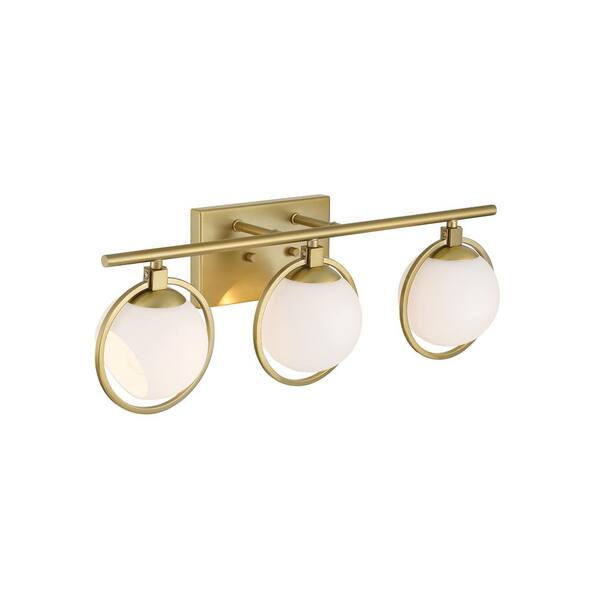 Designers Fountain - Teatro 23.75 in. 3-Light Brushed Gold Modern Vanity Light with Etched Opal Glass Shades and Accent Rings