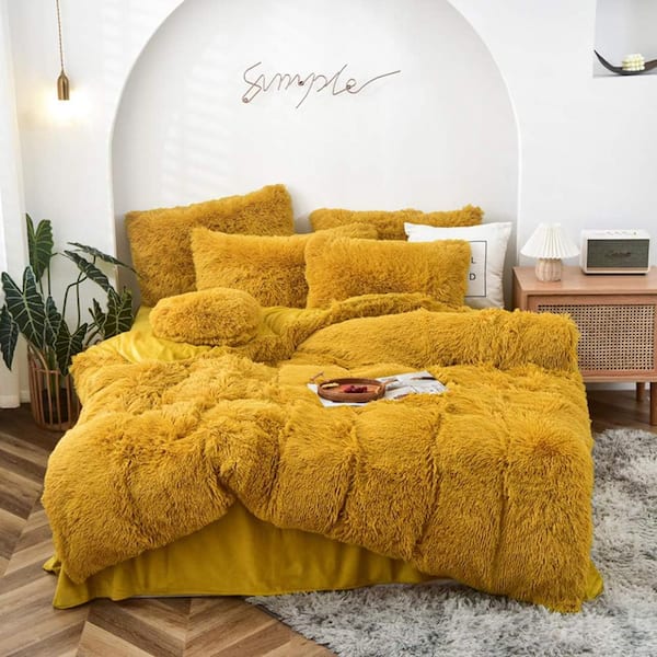 Afoxsos 5 Piece Mustard Yellow Polyester Shaggy Duvet Cover Bedding Set Fluffy Comforter Cover Long Faux Fur SNPH020IN0028 The Home Depot