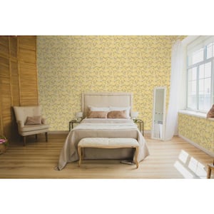 Spring Blossom Collection Chinoiserie Floral Vine Yellow Matte Finish Non-Pasted Non-Woven Paper Wallpaper Sample