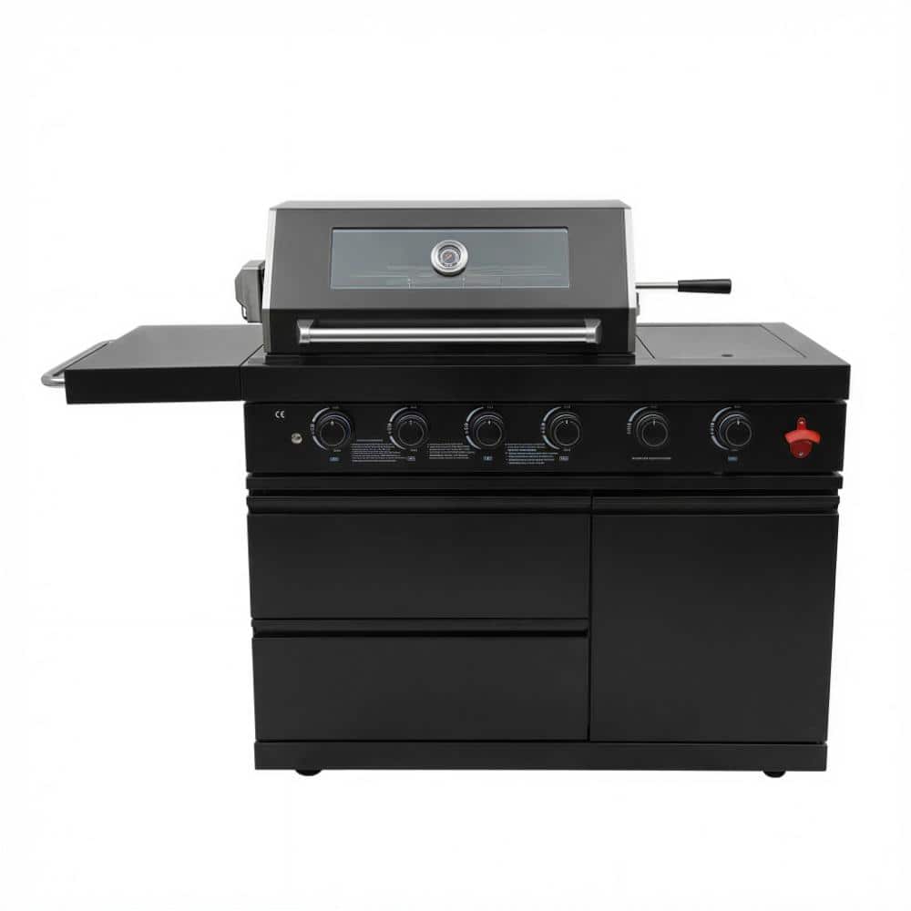 6-Burner Portable Gas Grill in Black with Side Shelf, Rotisserie and Storage Drawers