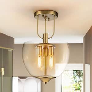 Signorelli 13.8 in. 3-Light Brushed Gold Mid-Century Modern Conical Dome Semi-Flush Mount with Clear Glass Shade
