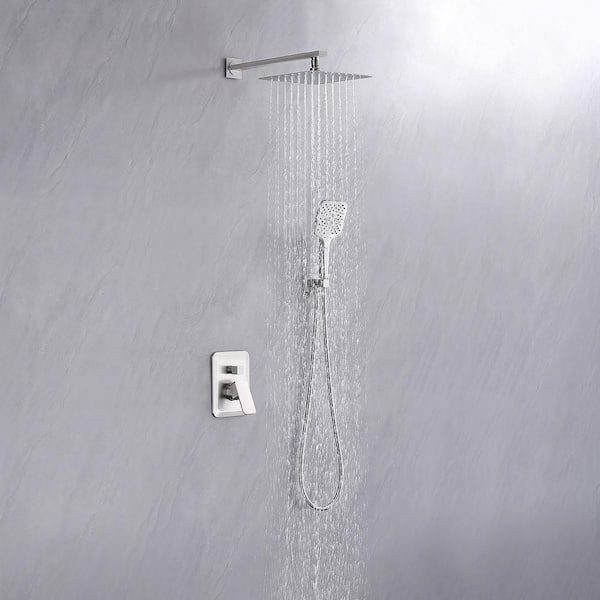 3-Spray Wall Mount Handheld Shower Head 1.8GPM 9.8in. Rain Shower Head with Pressure Balanced Valve in Brushed Nickel