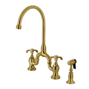 French Country Double-Handle Deck Mount Gooseneck Bridge Kitchen Faucet with Brass Sprayer in Brushed Brass
