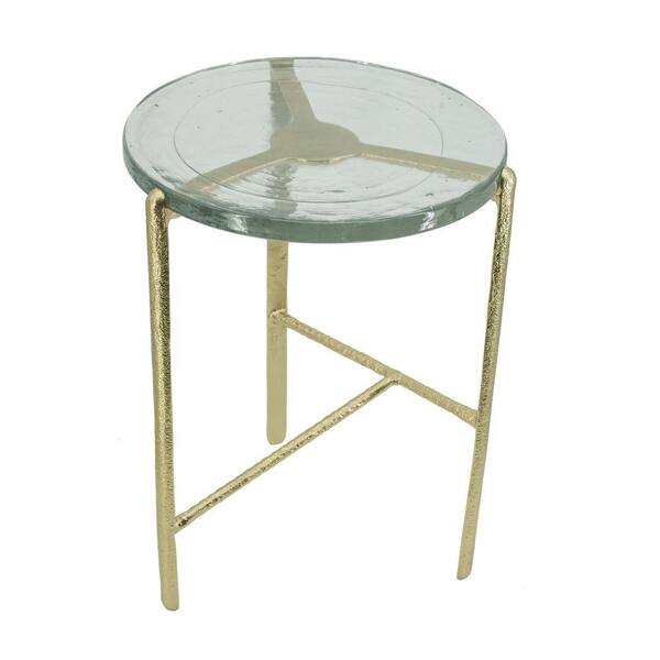 Benjara 15 in. Gold and Clear Round Glass End Table with Aluminum Base