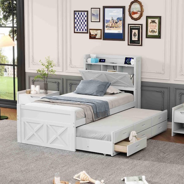 White Wood Frame Twin Size Platform Bed with Storage Headboard with Outlets, Twin Size Trundle with 3 Storage Drawers
